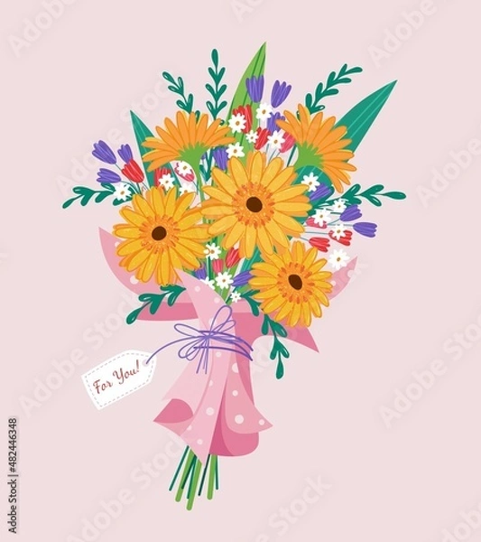 Obraz Vector bouquet gerbera, of red, orange, yellow, blue and purple flowers isolated on a pink background. March 8 Valentine's Day