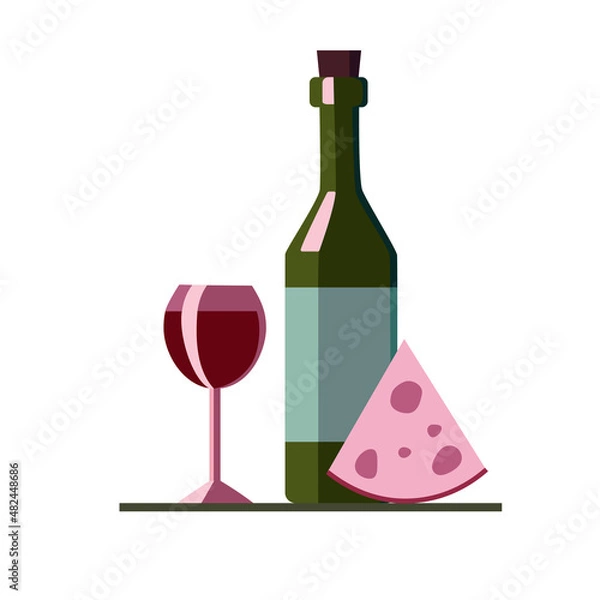 Fototapeta Bottle of wine with a glass and a piece of cheese on white background.