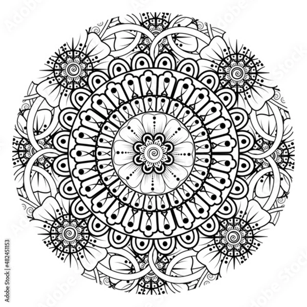 Fototapeta Circular pattern in form of mandala for Henna, Mehndi, tattoo, decoration. Coloring book page.