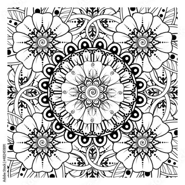 Fototapeta Circular pattern in form of mandala for Henna, Mehndi, tattoo, decoration. Coloring book page.