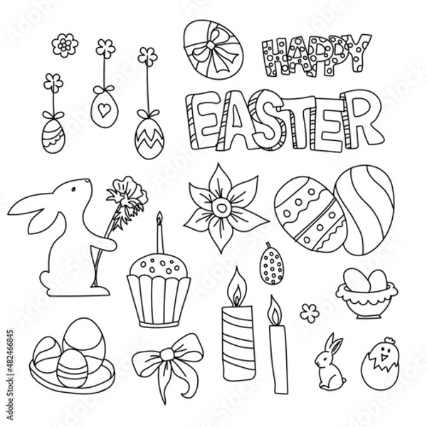 Fototapeta Easter set in doodle style for design. Vector graphics.