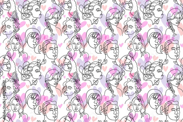 Fototapeta beautiful line art surreal abstract men and women face decorated in seamless pattern style. conceptual of people in love Valentine's day background