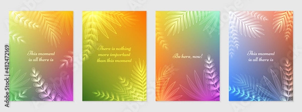 Obraz Vector set of bright gradient covers with palm leaves and shiny plants. Design of flyers, banners, card, posters for products of yoga, mental health, meditation, enjoy and concept with positive vibes.