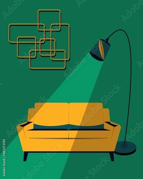 Fototapeta Retro interior design of the 50's. Vector poster with furniture. The lamp illuminates the room.