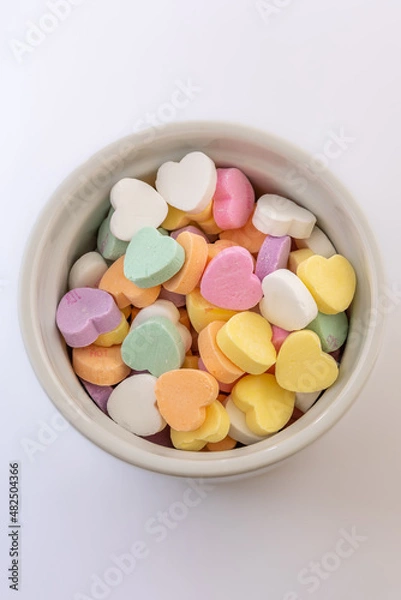 Obraz Conversation hearts on white background flat lay.