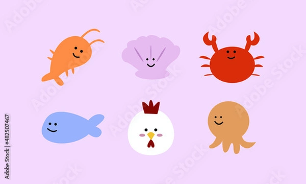 Fototapeta set of animal illustrations in a cute design. kawaii illustrations with various happy expressions. funny objects for element design decorations.