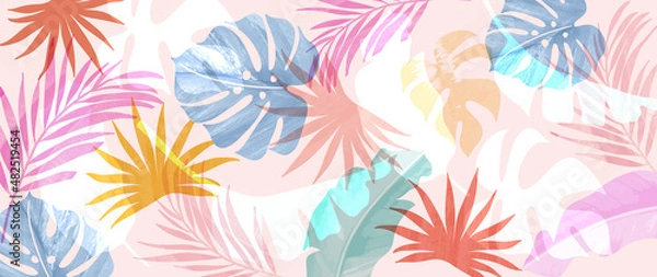 Fototapeta Tropical foliage art background vector.Digital print design with palm, floral and leaves with watercolor brush texture. Canvas art for wallpaper, wall arts, prints, fabric, pattern and packaging.
