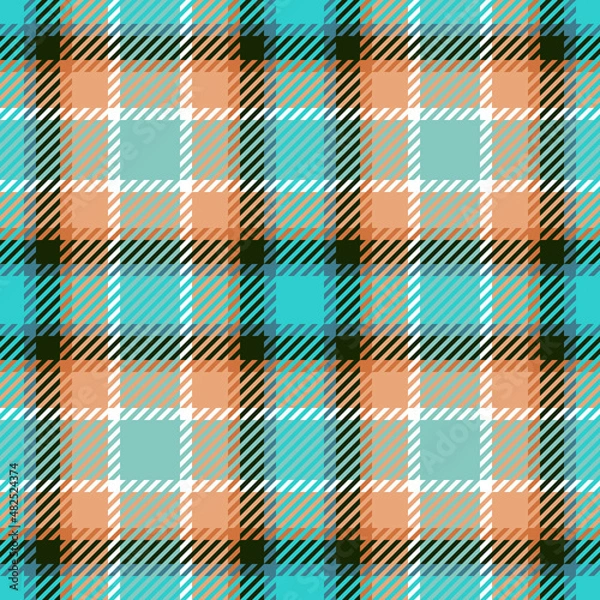Obraz Tartan plaid seamless pattern. Traditional retro Scottish checkered backdrop in turquoise, teal, orange, black and white colors. For texile design