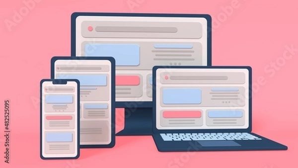 Fototapeta Adaptive programming icons set. Multi device development, software engineering. Responsive web design, The website is open on computer, laptop, tablet and smartphone.3D Render model cute colorful