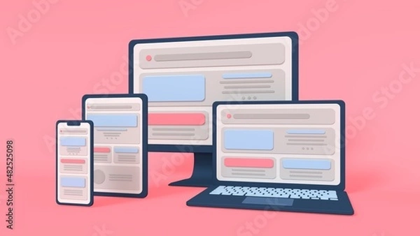 Fototapeta Adaptive programming icons set. Multi device development, software engineering. Responsive web design, The website is open on computer, laptop, tablet and smartphone.3D Render model cute colorful