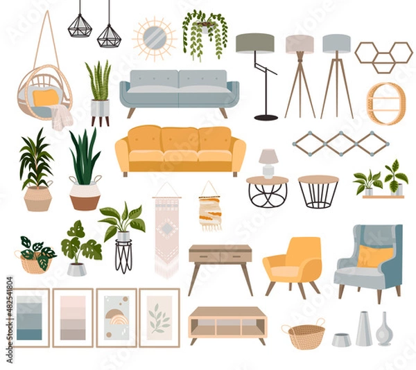 Obraz A set of furniture and decor elements. Collection of interior items for a cozy isolated interior. Vector illustration.