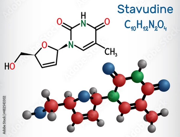 Fototapeta Stavudine, d4T molecule. It is dideoxynucleoside used in the treatment of HIV infection and acquired immunodeficiency syndrome AIDS. Structural chemical formula and molecule model