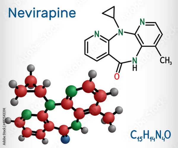 Fototapeta Nevirapine molecule. It is used to treat human immunodeficiency virus (HIV) infection and acquired immune deficiency syndrome (AIDS). Structural chemical formula, molecule model.