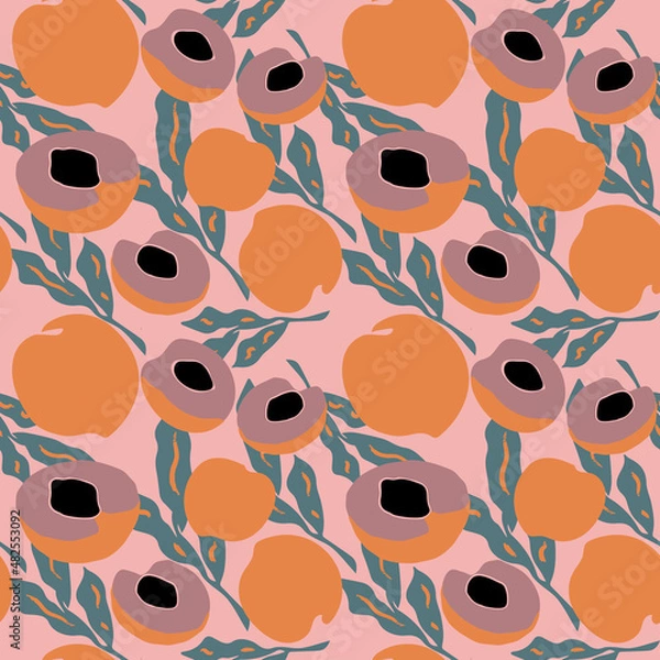 Obraz Fresh peach seamless pattern, vector background with abstract fruit, hand drawn pattern for textiles