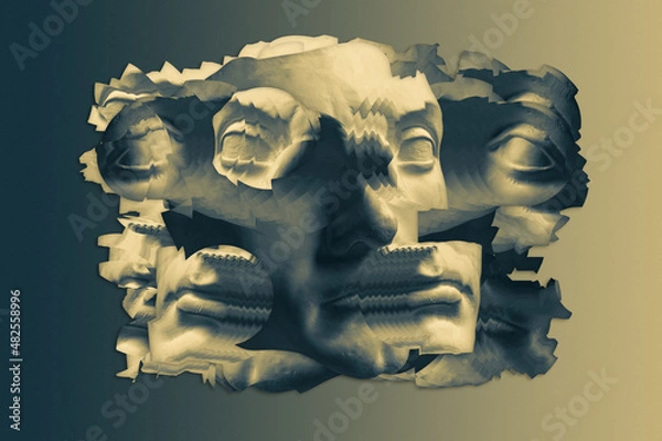 Obraz Collage with antique sculpture of human face in surreal style. Modern creative concept image with ancient statue head. Zine culture. Contemporary art poster. Funky punk minimalism. Unusual design.