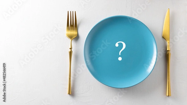 Fototapeta Empty plate with question mark on white table. Nutrition and Diet Concept with copy space.