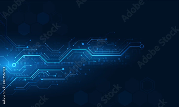 Fototapeta Technology background concept.Circuit board electronic system.Futuristic hi-tech light on dark blue.