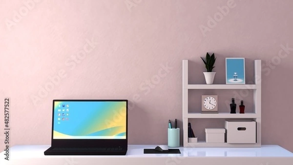 Fototapeta デスク上のノートパソコン　白い部屋　雑貨類　棚　整理整頓