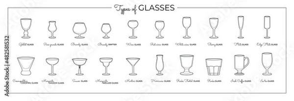 Fototapeta Vector line art set of alcohol glasses. Vector illustration