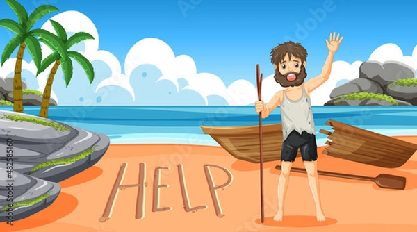 Obraz A man on deserted island isolated