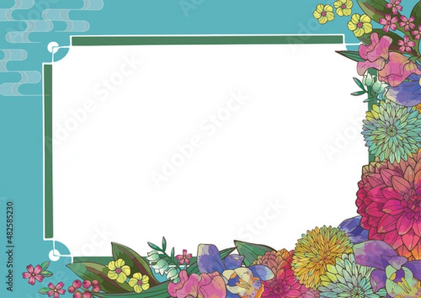 Obraz レトロな和風の花柄　豪華　綺麗　和柄　背景素材　手書き　イラスト　正月　年賀状素材　結婚　植物柄