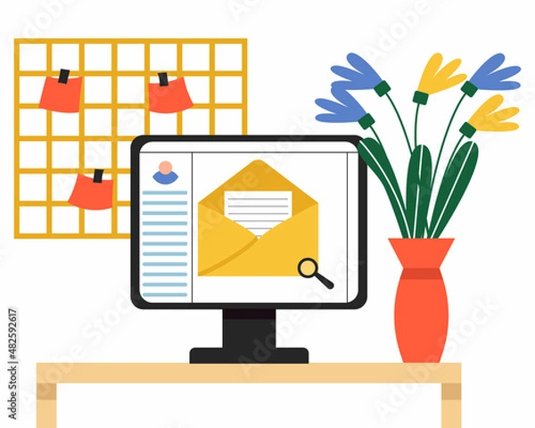 Fototapeta Workplace with a computer. Office desk, Email. Vector illustration