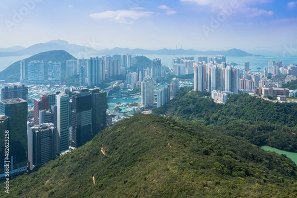 Fototapeta Aerial view Residential neighborhoods in Wong chuk Hang, Aberdeen and Ap Lei Chau in southern Hong Kong.