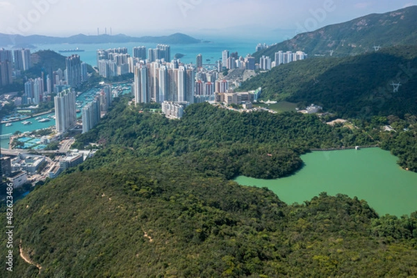 Fototapeta Aerial view Residential neighborhoods in Wong chuk Hang, Aberdeen and Ap Lei Chau in southern Hong Kong.
