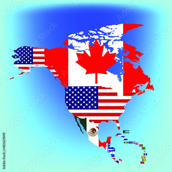 Obraz The continent of north america is filled with country flags. Vector graphics for logo design, avatars, sports, education.