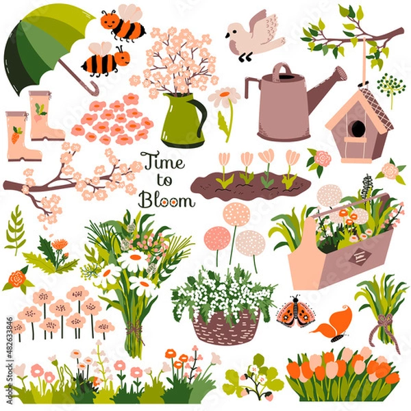 Obraz Spring set. Different  flowers, sakura, tulips, roses,  chamomile and plants, cute bumblebee and bird with birdhouse, baskets and gardening decor, umbrella, gumboots  Vector illustration