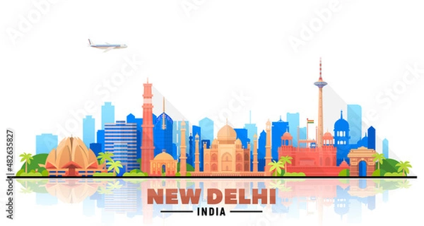 Fototapeta New Delhi (India ) city skyline white background. Flat vector illustration. Business travel and tourism concept with modern buildings. Image for banner or website.