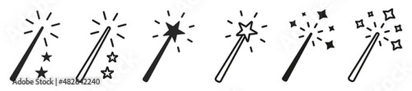 Fototapeta Set of magic wand icons. Magic wand with a star, wizard tool. Magic and miracle symbols. Wizard stick for apps and web sites, vector.