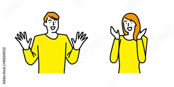 Obraz 驚きと喜びを両手で表現する男性と女性