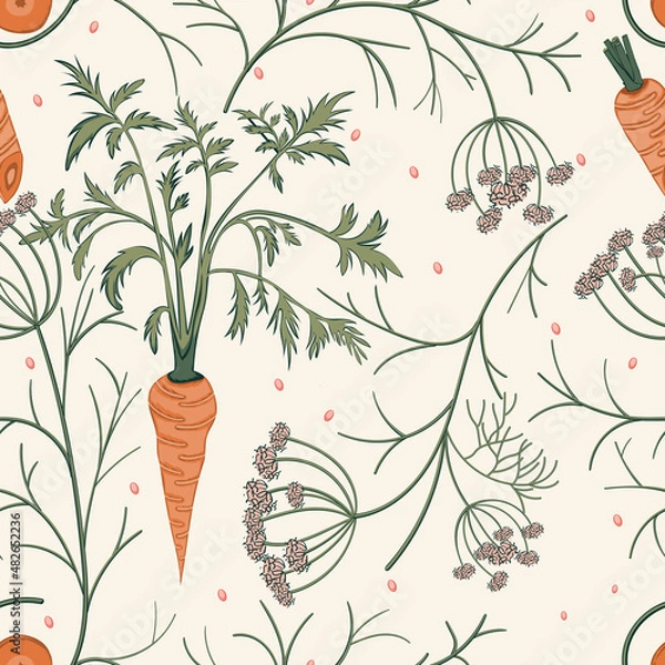 Fototapeta Vector seamless pattern with carrot and herb. Textile or print background. Healthy life concept. Kitchen wallpaper design.