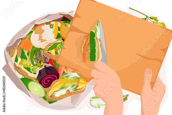 Fototapeta Composting concept - kitchen leftovers in paper bag. Vector illustration isolated on white background. 