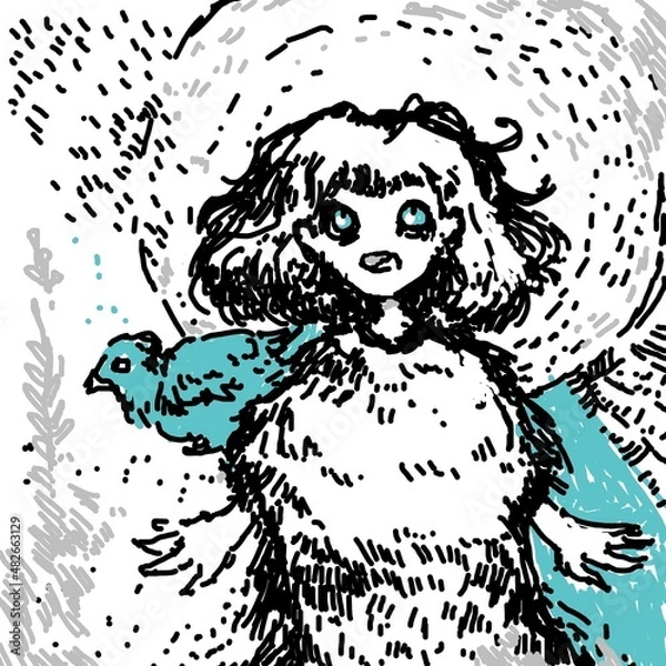 Obraz Hand drawn drawing with a girl and bird.