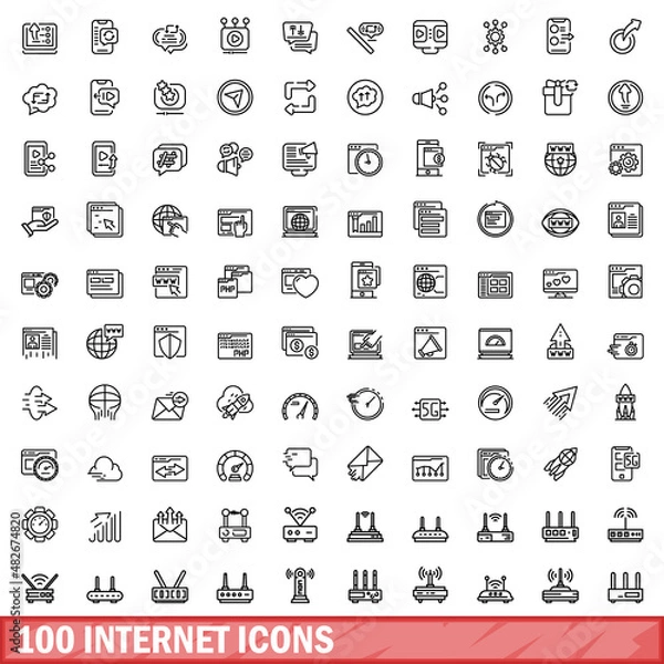 Obraz 100 internet icons set. Outline illustration of 100 internet icons vector set isolated on white background