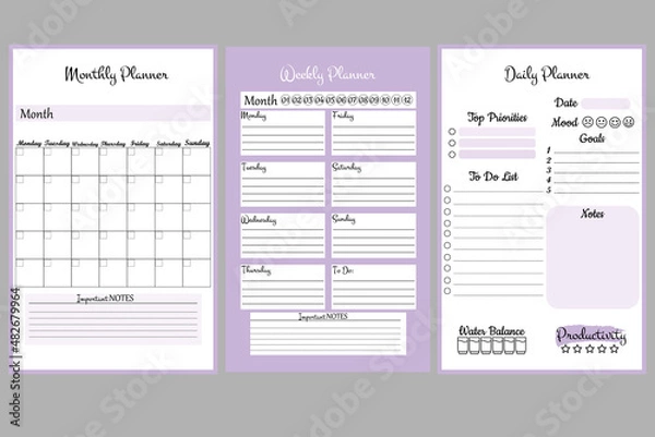 Fototapeta Set of minimalistic planners. Daily, weekly, monthly planner template. A cute and simple printable to-do list. Design in purple colors.