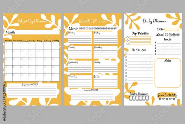 Fototapeta Set of minimalistic planners. Daily, weekly, monthly planner template. A cute and simple printable to-do list. Simple green leaves, branches. Design with yellow and white elements.