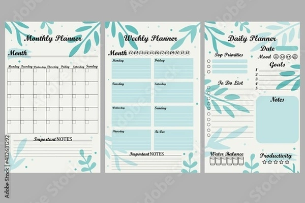 Fototapeta Set of minimalist planners. Daily, weekly, monthly planner template. Cute and simple printable to do list. Simple green leaves, branches. Design with pink elements.