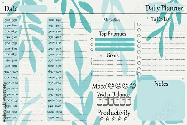 Fototapeta Diary. Chart hourly, minimalistic design with green sheets. Green, black colors