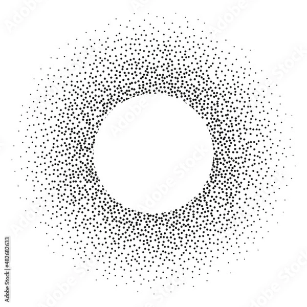 Fototapeta Halftone circle frame with black random dots, logo emblem design element for technology, medical, treatment, cosmetic. Border with empty space for your text, round shape. Vector illustration