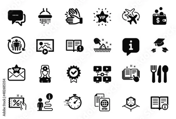 Fototapeta Vector Set of Business icons related to Connecting flight, Augmented reality and Food icons. Throw hats, Message and Clapping hands signs. Technical info, Vip mail and Facts. Certificate. Vector