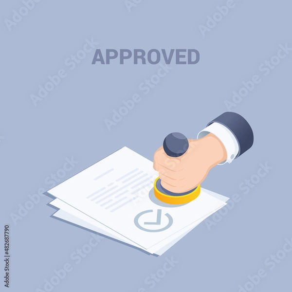 Fototapeta isometric vector illustration on a gray background, a man's hand holds a stamp over a document, a check mark and the word approved
