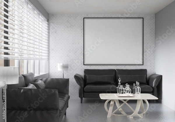 Fototapeta Mockup poster frame in Minimal style. interior with modern furniture. Minimalist interior design. living room frame design. copy space white background. modern white house concept. 3D illustration.