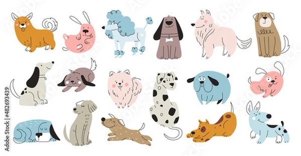 Fototapeta Set of different doodle dogs. Colorful bunch of stickers with cute fluffy puppies in different poses. Funny animals with smiling faces. Cartoon flat vector collection isolated on white background