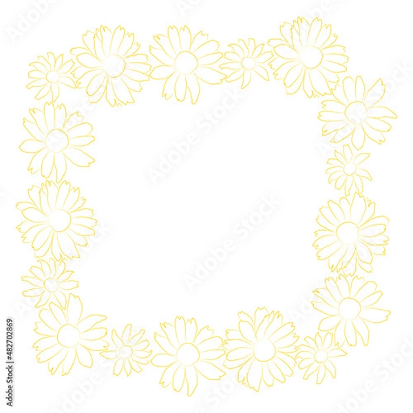 Fototapeta Border of open heliopsis blossom vector outline yellow illustration isolated on white background. Vector sketch style top view hand drawing of wild, heliopsis, false sunflower.