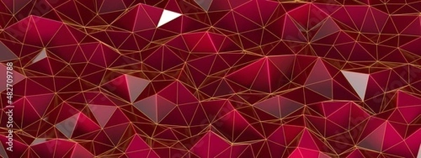 Obraz 3d render, abstract red ruby crystal shaped wax plastic background, macro panorama, wide panoramic polygonal wallpaper