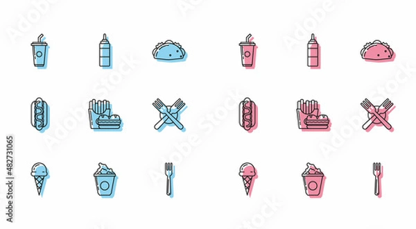 Obraz Set line Ice cream in waffle cone, Paper glass with drinking straw and water, Fork, Burger french fries carton package, Crossed fork, Hotdog sandwich mustard and Sauce bottle icon. Vector