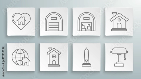 Fototapeta Set line Globe with house symbol, Warehouse, Home, Washington monument, Table lamp, House and heart shape icon. Vector